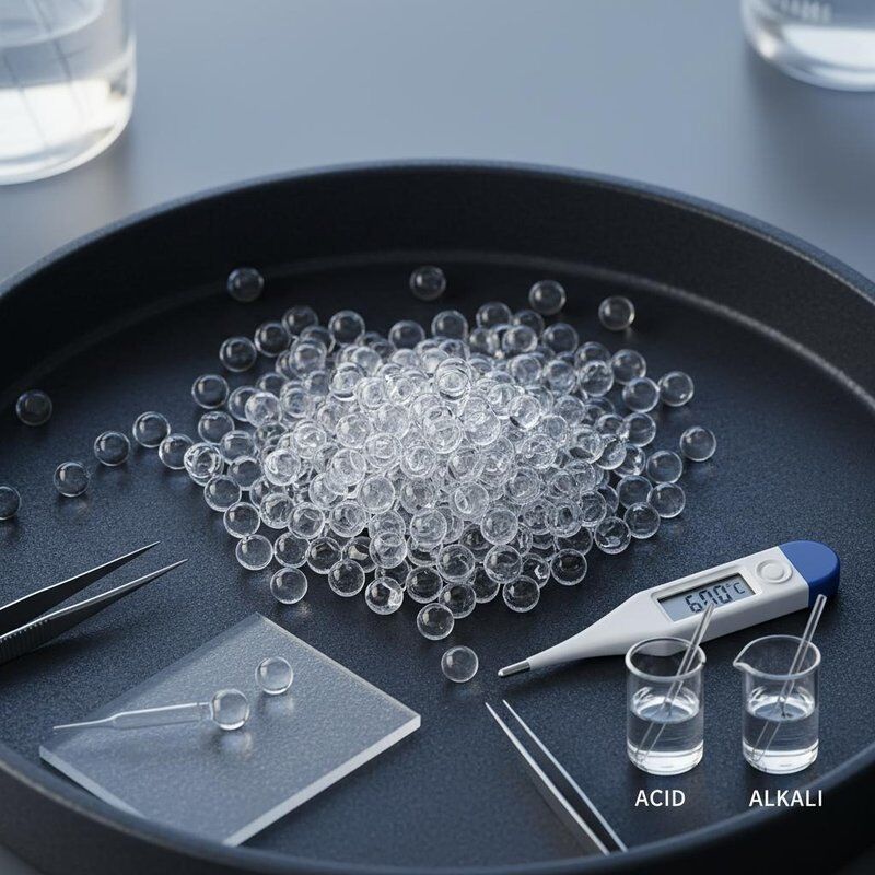 Holle glaskralen met een diameter van 10-75 µm, temperatuurbestendigheid tot 600°C en goede weerstand tegen zuren en logen